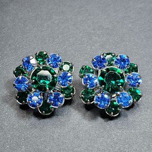 Vintage Mid-Century Rhinestone Clip-on Earrings green and blue
